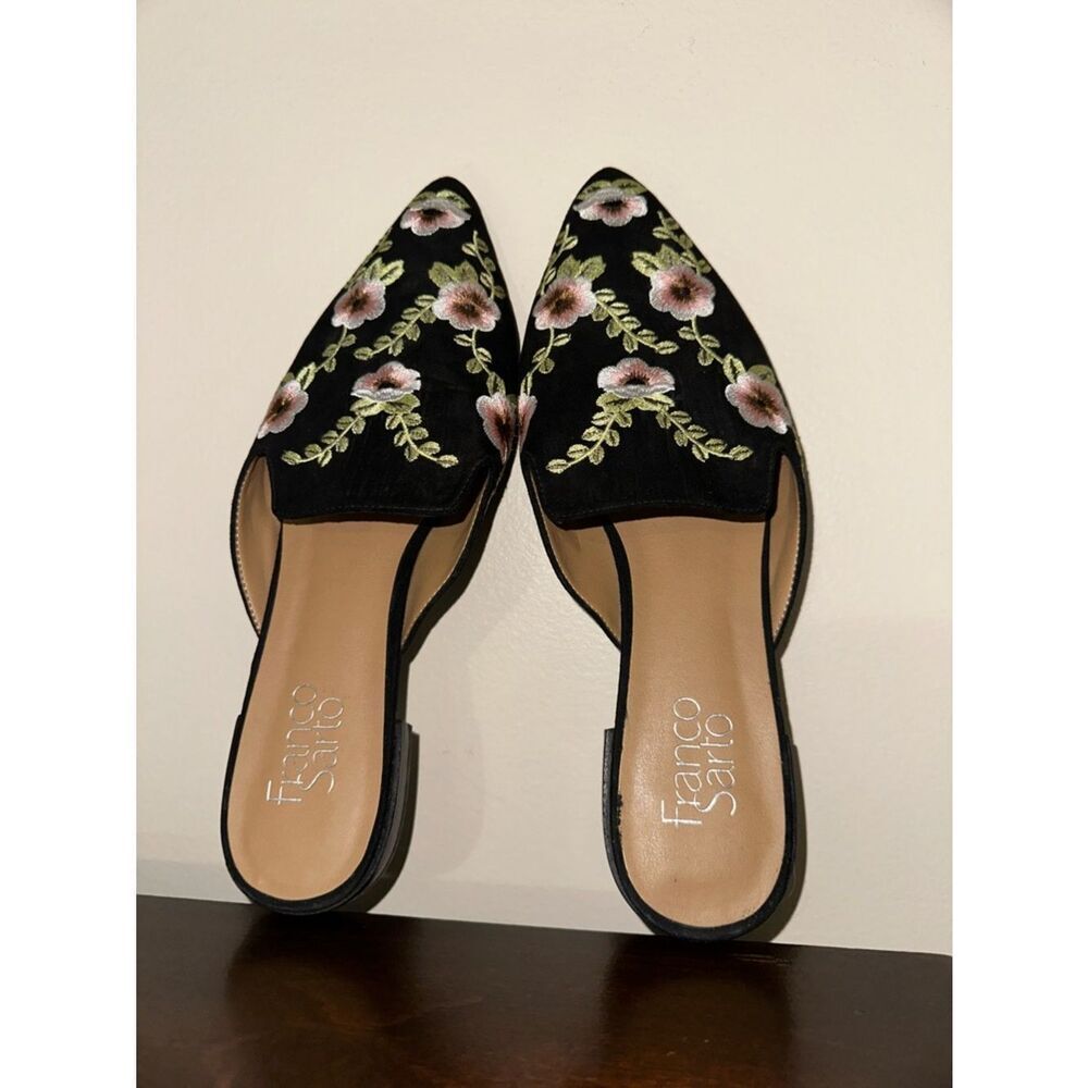 Franco Sarto 9 RUSSO 2 Black Pink White Green floral embroidered slip-on mules